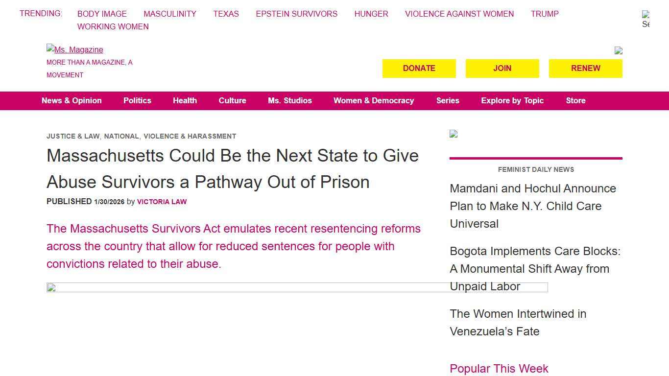Massachusetts Could Be the Next State to Give Abuse Survivors a Pathway Out of Prison - Ms. Magazine